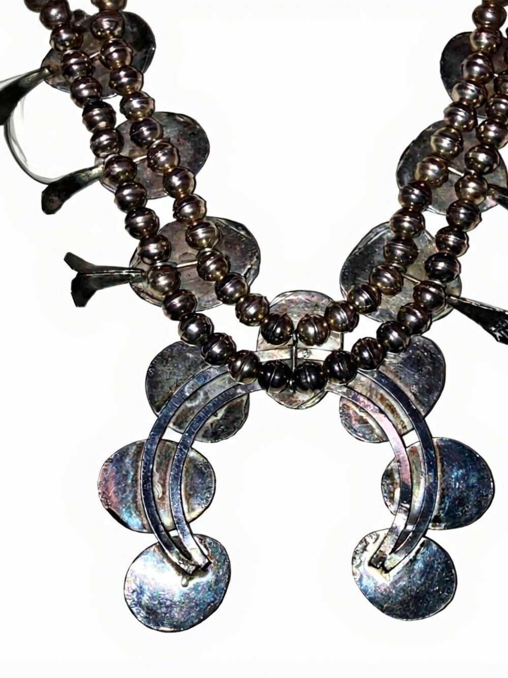 Vintage Navajo Naja Sterling Squash Blossom Necklace with Kingman Turquoise - Picture 5 of 6